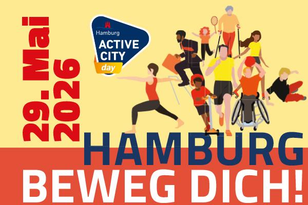 Grafik f&uuml;r den Active City Day in Hamburg am 29. Mai 2026, Menschen in verschiedenen Sportarten, animierte Darstellung.